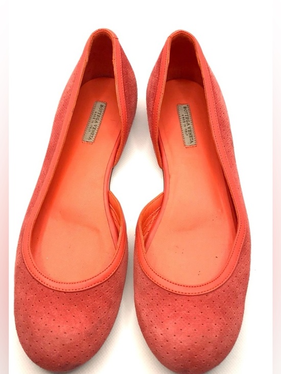 Bottega Veneta Shoes - BOTTEGA VENETA ORANGE SUEDE D'ORSAY HALF VAMP PERFORATED FLATS (35)